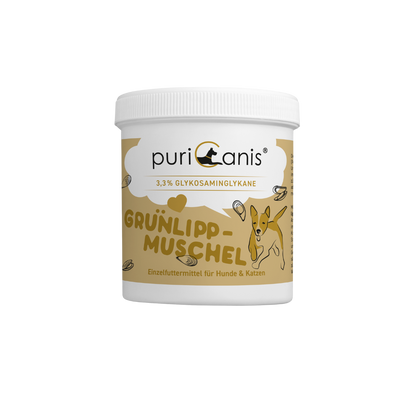 Weißer Behälter mit Aufschrift 'puri canis', '3,3% Glykosaminglykane', 'Grünlippmuschel', Illustration eines laufenden Hundes, Einzel futtermittel für Hunde und Katzen.