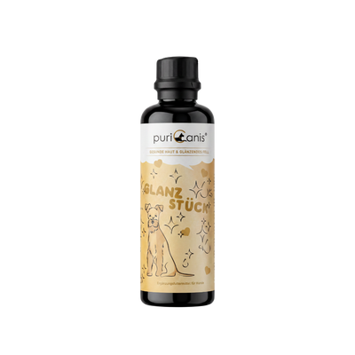 Flasche mit schwarzem Verschluss und beige-weißem Etikett mit Hundzeichnung und Schriftzug 'puricanis' und 'Glanzstück'