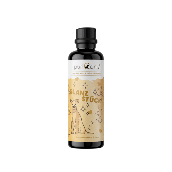 Flasche mit schwarzem Verschluss und beige-weißem Etikett mit Hundzeichnung und Schriftzug 'puricanis' und 'Glanzstück'