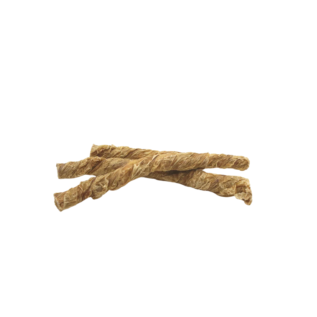 Drei gedrehte, getrocknete Kalbszwirbel als Hundesnack