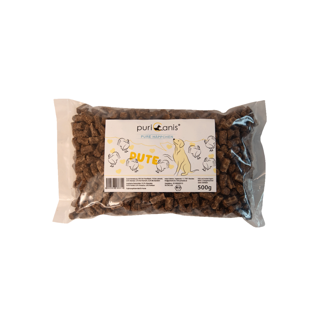 puriCanis Pure Häppchen Pute, 500g Packung mit braunen, rechteckigen Hundeleckerlis, auf der Verpackung Zeichnungen von Hühnern und einem Hund.