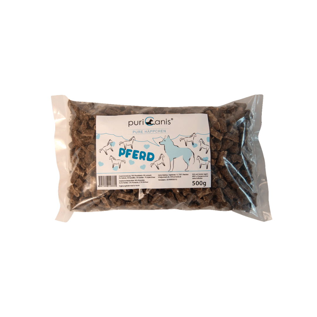 puriCanis Pure Häppchen Pferd, 500g Packung mit braunen, rechteckigen Hundeleckerlis, auf der Verpackung Zeichnungen von Pferd und einem Hund.