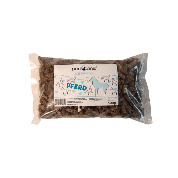 puriCanis Pure Häppchen Pferd, 500g Packung mit braunen, rechteckigen Hundeleckerlis, auf der Verpackung Zeichnungen von Pferd und einem Hund.