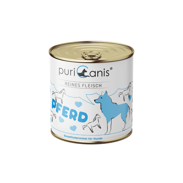 Dose mit Hundefutter der Marke puricanis, Aufschrift 'Reines Fleisch Pferd', Illustration eines stehenden Hundes und mehrerer Pferde, Text 'Einzelfuttermittel für Hunde'