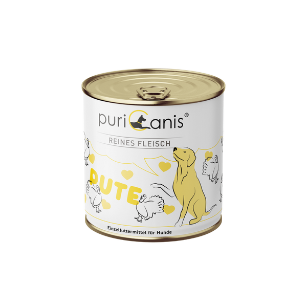 Dose mit Hundefutter der Marke puricanis, Aufschrift 'Reines Fleisch Pute', Illustration eines sitzenden Hundes und mehrerer Puten, Text 'Einzelfuttermittel für Hunde'