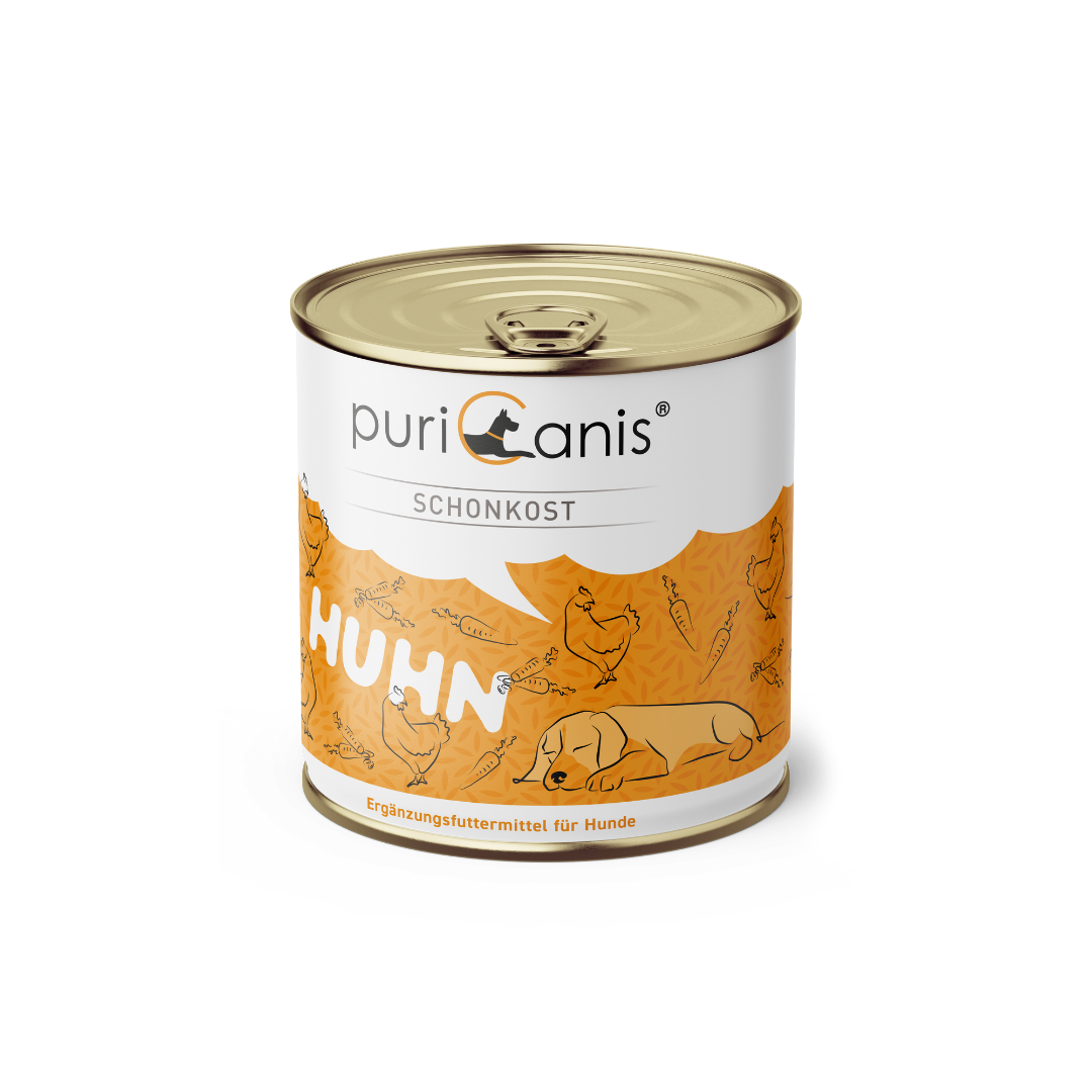 Dose mit Hundefutter der Marke puricanis, Aufschrift 'Schonkost Huhn', Illustration eines liegenden Hundes und mehrerer Hühner, Text 'Einzelfuttermittel für Hunde'