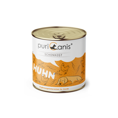 Dose mit Hundefutter der Marke puricanis, Aufschrift 'Schonkost Huhn', Illustration eines liegenden Hundes und mehrerer Hühner, Text 'Einzelfuttermittel für Hunde'