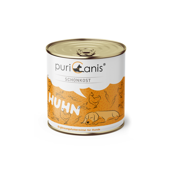 Dose mit Hundefutter der Marke puricanis, Aufschrift 'Schonkost Huhn', Illustration eines liegenden Hundes und mehrerer Hühner, Text 'Einzelfuttermittel für Hunde'