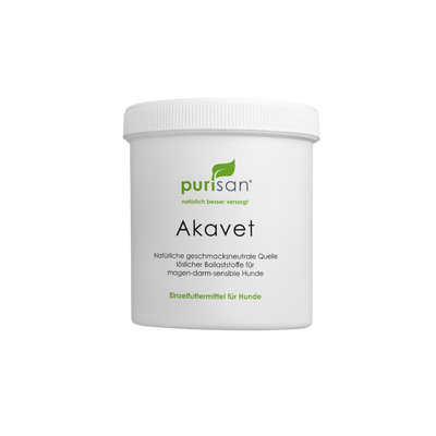 Weißer Kunststoffbecher mit Schraubdeckel und grünem purisan-Logo sowie der Aufschrift 'Akavet' und Produktbeschreibung für Hunde