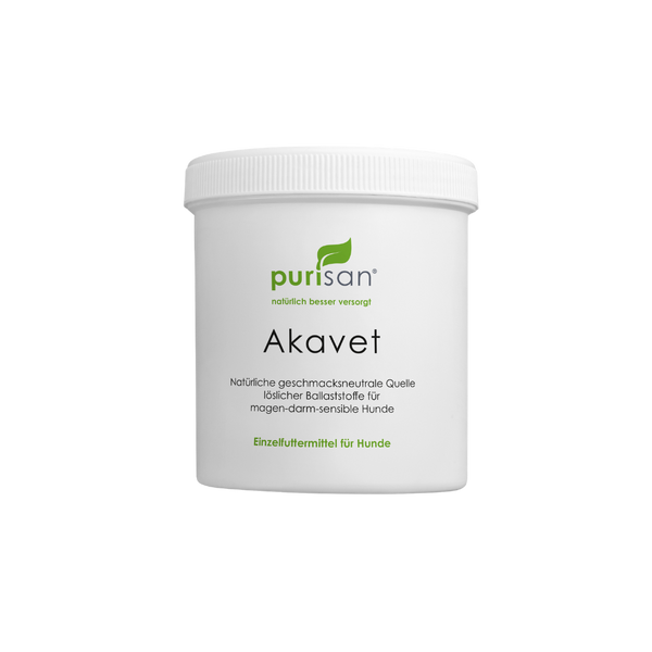 Weißer Kunststoffbecher mit Schraubdeckel und grünem purisan-Logo sowie der Aufschrift 'Akavet' und Produktbeschreibung für Hunde