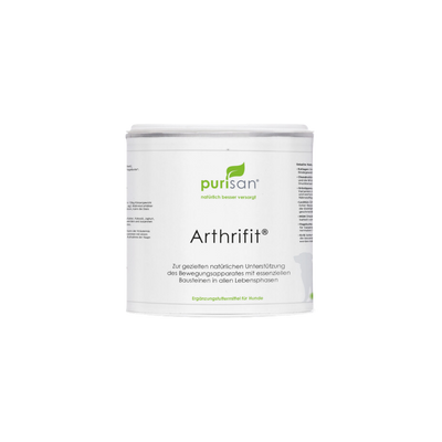Weißer Behälter mit grünem Logo und der Aufschrift 'purisan Arthrifit' als Ergänzungsfuttermittel für Hunde
