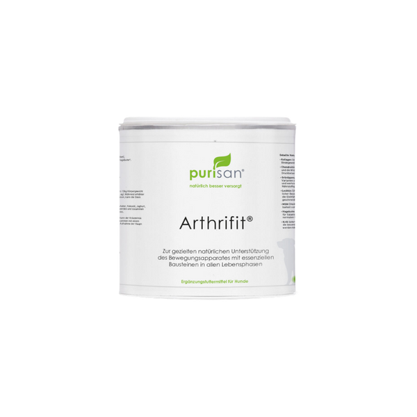 Weißer Behälter mit grünem Logo und der Aufschrift 'purisan Arthrifit' als Ergänzungsfuttermittel für Hunde