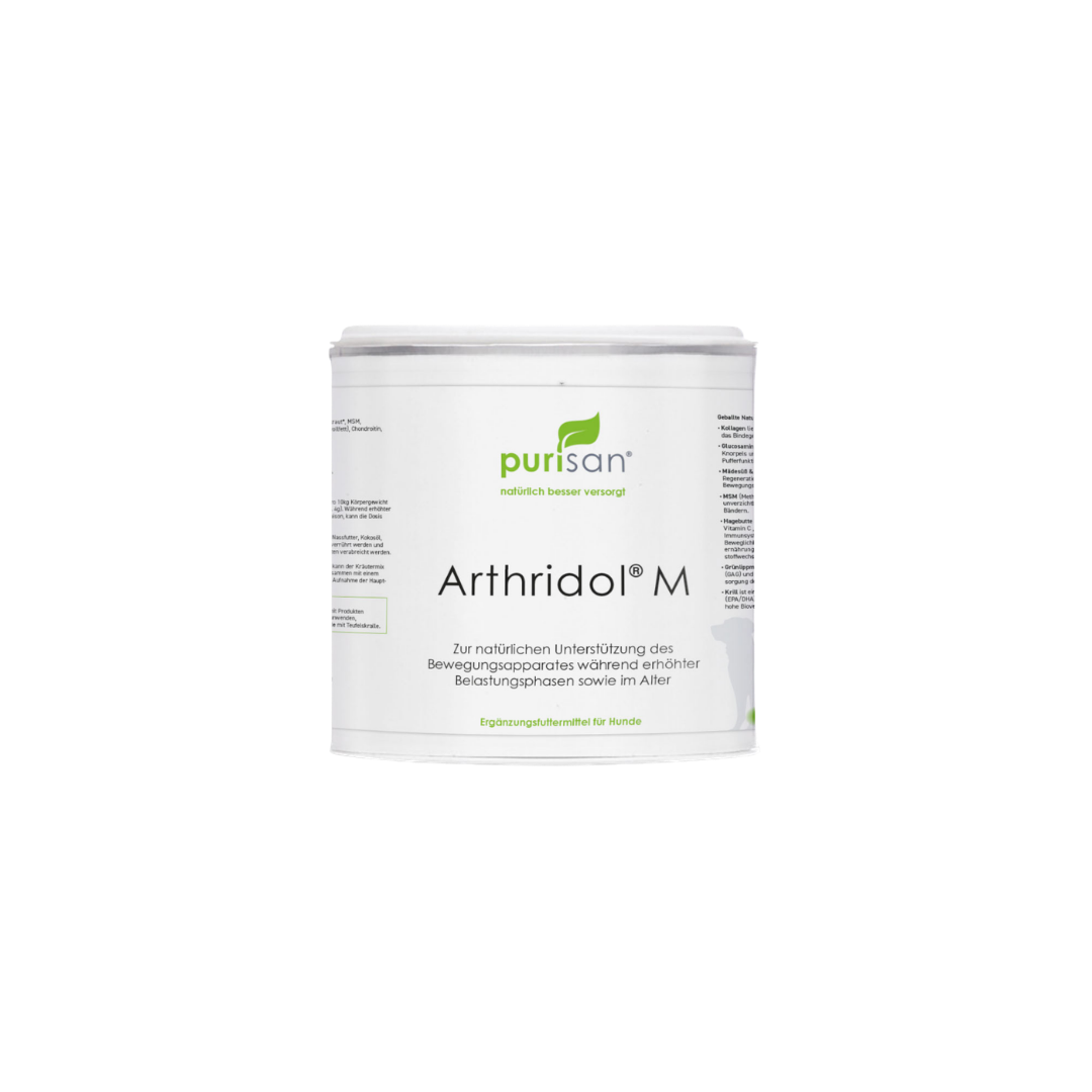 Weiße Dose mit grünem Logo und schwarzem Text "purisan Arthridol M"