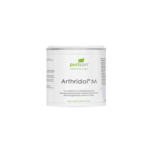 Weiße Dose mit grünem Logo und schwarzem Text "purisan Arthridol M"