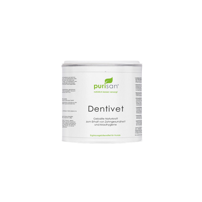 Weißer Kunststoffbehälter mit grünem Logo und der Aufschrift 'purisan Dentivet' als Ergänzungsfuttermittel für Hunde