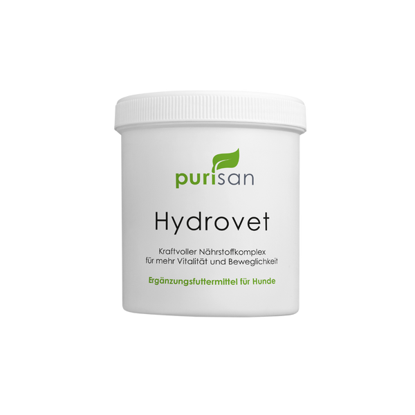 Weißer Kunststoffbehälter mit Schraubdeckel, Aufschrift 'purisan Hydrovet' und Text zu Nahrungsergänzung für Hunde.