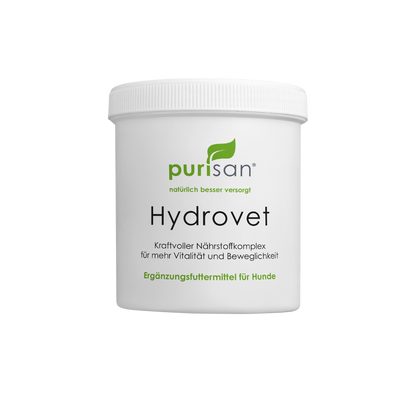 Weißer Kunststoffbecher mit Schraubdeckel und Aufdruck "purisan Hydrovet Kraftvoller Nährstoffkomplex für mehr Vitalität und Beweglichkeit Ergänzungsfuttermittel für Hunde"
