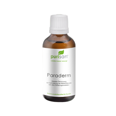 Braune Flasche mit weißem Schraubverschluss und Etikett mit der Aufschrift 'purisan Paraderm' als Ergänzungsfuttermittel für Hunde