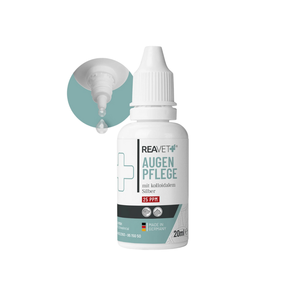 Weiße Kunststoffflasche mit Tropfspitze, beschriftet mit 'REAVET AUGEN PFLEGE mit kolloidalem Silber 25 PPM', 20 ml, hergestellt in Deutschland.