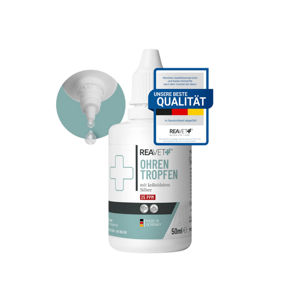 Weiße Flasche mit Tropfspitze und Etikett 'REAVET OHREN TROPFEN mit kolloidalem Silber 25 PPM', 50 ml, Made in Germany, daneben Nahaufnahme eines Tropfens am Flaschenhals.
