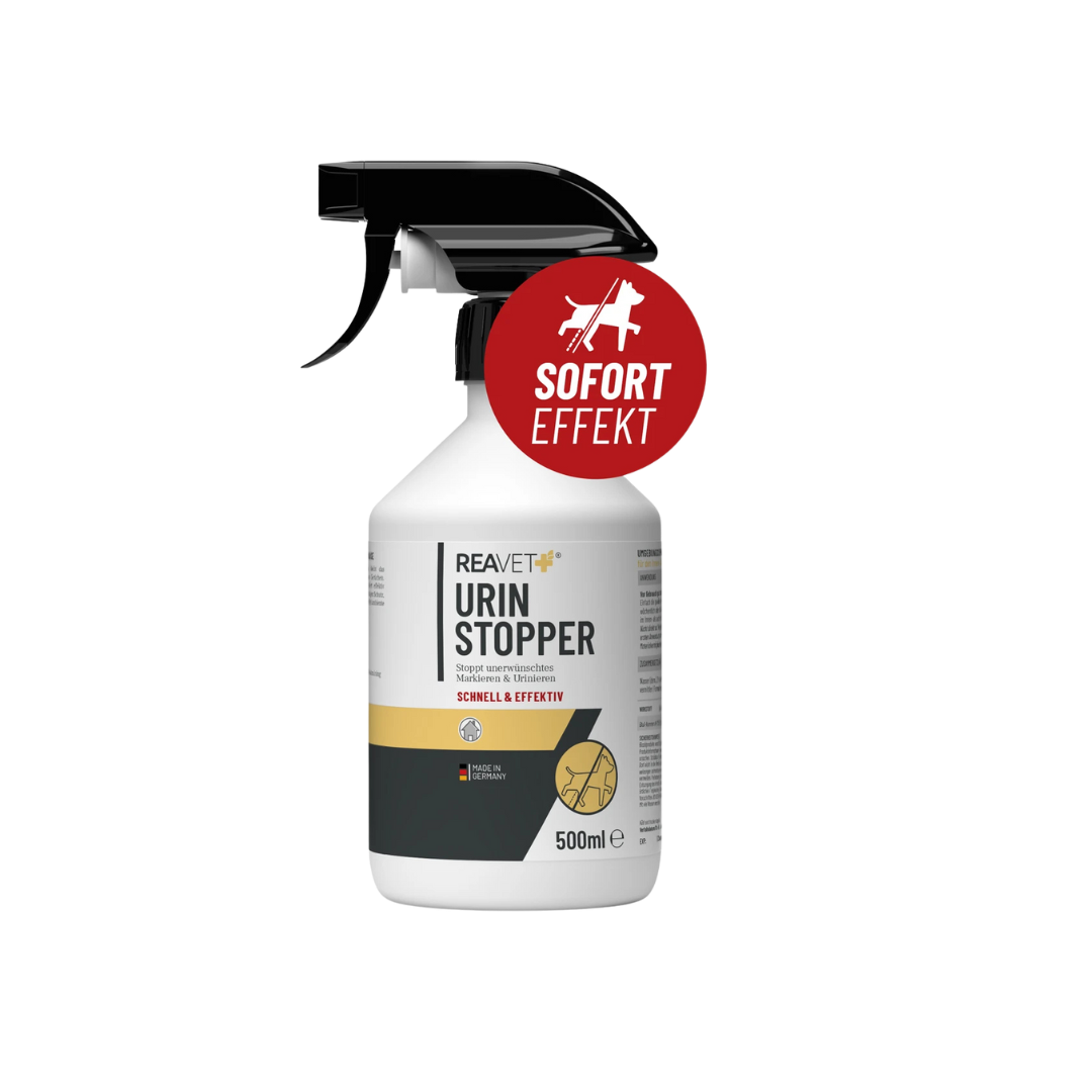 Sprühflasche Reavet Urin Stopper mit schwarzem Sprühkopf, weißem Etikett und rotem Aufkleber 'SOFORT EFFEKT', 500 ml Inhalt.