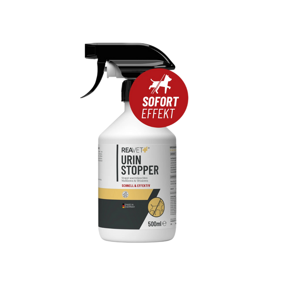 Sprühflasche Reavet Urin Stopper mit schwarzem Sprühkopf, weißem Etikett und rotem Aufkleber 'SOFORT EFFEKT', 500 ml Inhalt.