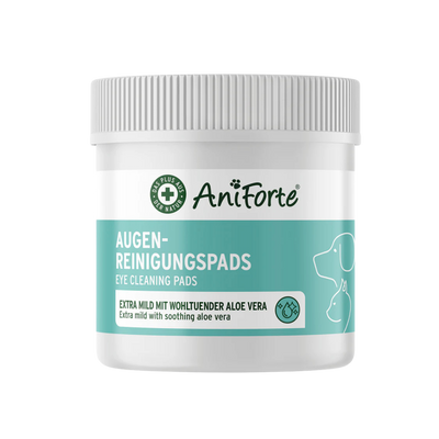 Weißer Behälter mit türkisfarbenem Etikett mit Augenreinigungspads für Hunde, Marke AniForte. Aufschrift: 'AUGEN-REINIGUNGSPADS' und 'EXTRA MILD MIT WOHLTUENDER ALOE VERA