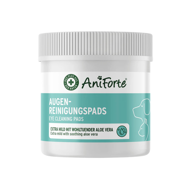 Weißer Behälter mit türkisfarbenem Etikett mit Augenreinigungspads für Hunde, Marke AniForte. Aufschrift: 'AUGEN-REINIGUNGSPADS' und 'EXTRA MILD MIT WOHLTUENDER ALOE VERA