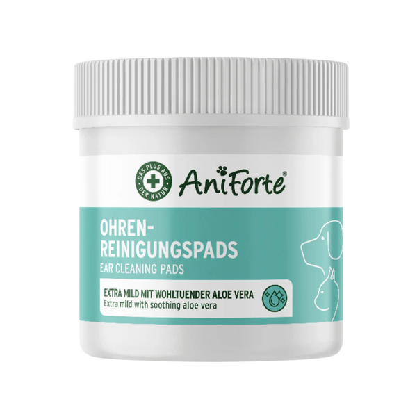 Runder Behälter mit Deckel, beschriftet mit 'AniForte Ohren-Reinigungspads', enthält 100 Reinigungspads für Hunde, mit Aloe Vera.