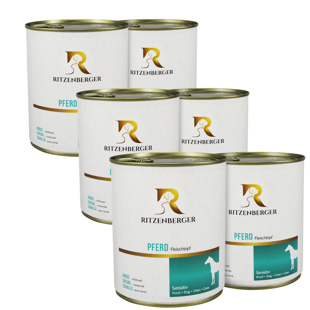 Mehrere weiße Dosen mit goldfarbenem Deckel, Marke Ritzenberger, Produktname 'Pferd Fleischtopf', mit Pferdesilhouette auf türkisfarbenem Etikett.