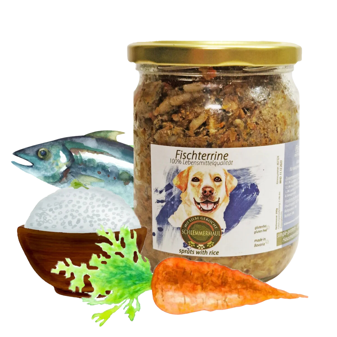 Ein Glas Fischterrine mit goldfarbenem Deckel, daneben ein Fisch, eine Schale mit Reis, ein Stück Karotte und ein grünes Blatt.