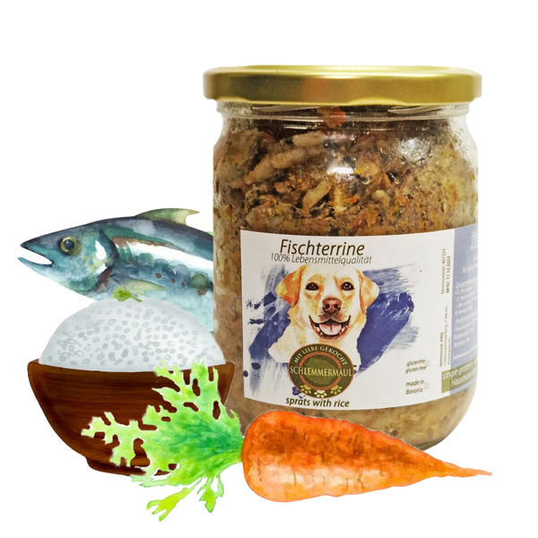 Ein Glas Fischterrine mit goldfarbenem Deckel, daneben ein Fisch, eine Schale mit Reis, ein Stück Karotte und ein grünes Blatt.