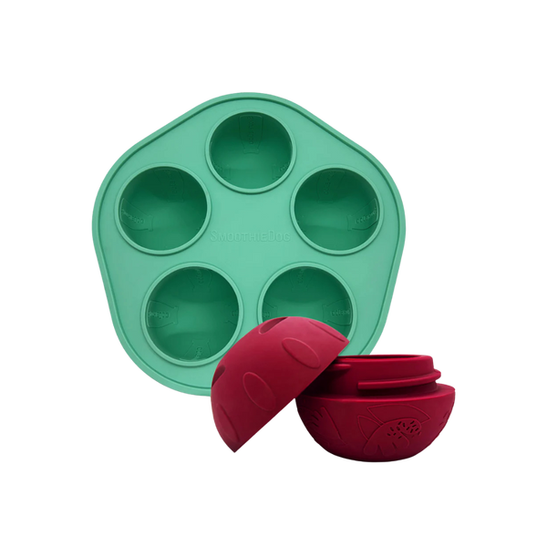 Grüne Silikonform mit fünf runden Vertiefungen und zwei rote, halbkugelförmige Hundespielzeuge mit Muster und Schraubverschluss.