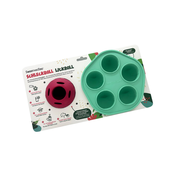 Grüne Silikonform mit fünf runden Vertiefungen und zwei rote, halbkugelförmige Hundespielzeuge mit Muster und Schraubverschluss.