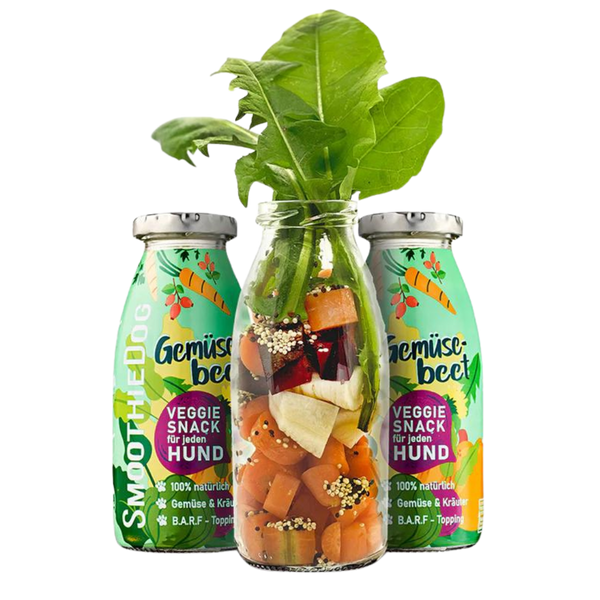 Zwei Flaschen SmoothieDog Trinkpause mit Gemüsebeet, davor Glasflasche mit geschnittenem, Gemüse und Kräutern.