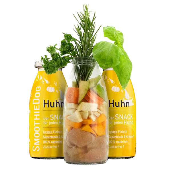 Zwei Flaschen SmoothieDog Trinkpause mit Huhn, Obst und Gemüse, davor Glasflasche mit geschnittenem Obst, Gemüse, Mango und Rosmarinzweig.