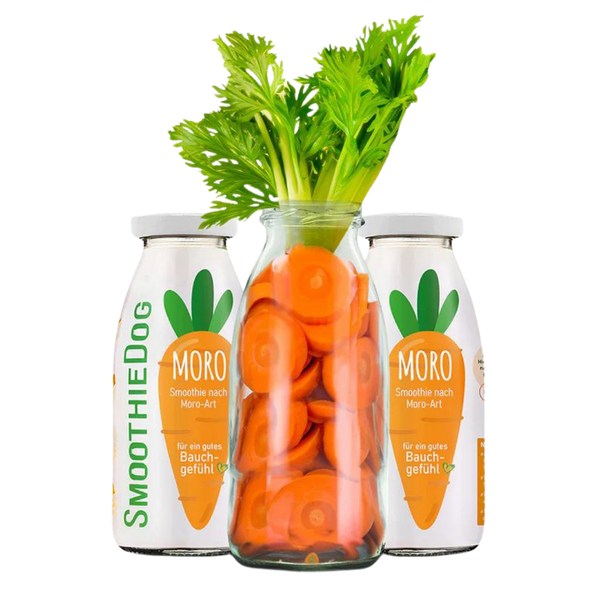 Zwei Flaschen SmoothieDog Trinkpause mit Moro, davor Glasflasche mit geschnittenen Karotten.