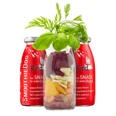 Zwei Flaschen SmoothieDog Trinkpause mit Rind, Obst und Gemüse, davor Glasflasche mit geschnittenem Obst, Gemüse und Kräuter.