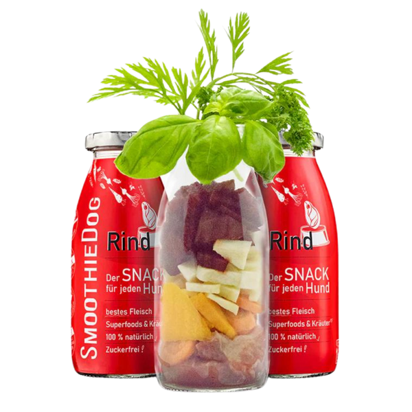 Zwei Flaschen SmoothieDog Trinkpause mit Rind, Obst und Gemüse, davor Glasflasche mit geschnittenem Obst, Gemüse und Kräuter.