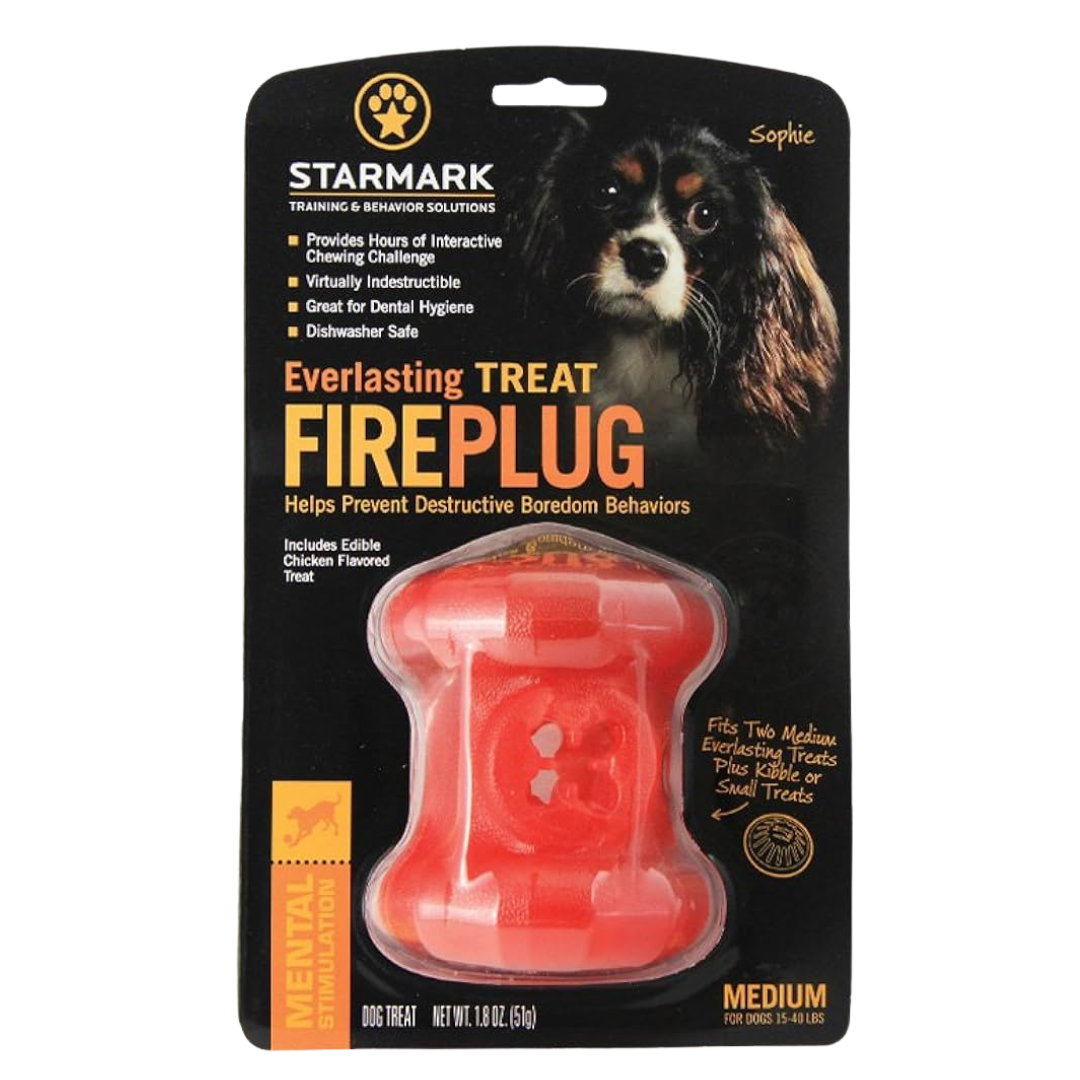 Verpackung des Starmark Everlasting Treat FirePlug, orangefarbener Hundespielzeugball mit Loch in der Mitte, für mittlere Hunde.