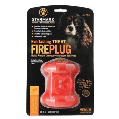 Verpackung des Starmark Everlasting Treat FirePlug, orangefarbener Hundespielzeugball mit Loch in der Mitte, für mittlere Hunde.
