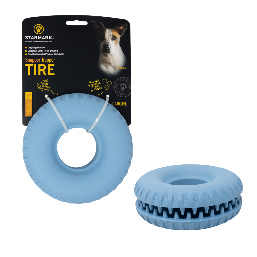 Verpackung des Starmark Everlasting Treat Tire, in blau, Hundespielzeug mit Loch in der Mitte, für große Hunde.