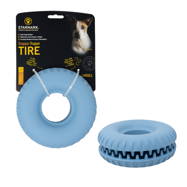 Verpackung des Starmark Everlasting Treat Tire, in blau, Hundespielzeug mit Loch in der Mitte, für große Hunde.