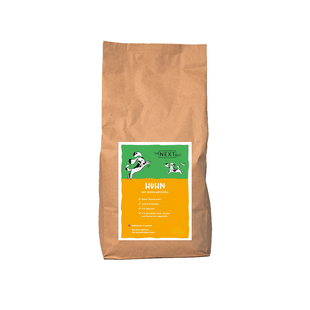 Großer brauner Futtersack von The Next Best mit der Sorte Huhn und Süßkartoffel. Hochwertiges Hundefutter mit hohem Fleischanteil, ohne Getreide, künstliche Farb-, Aroma- und Konservierungsstoffe.