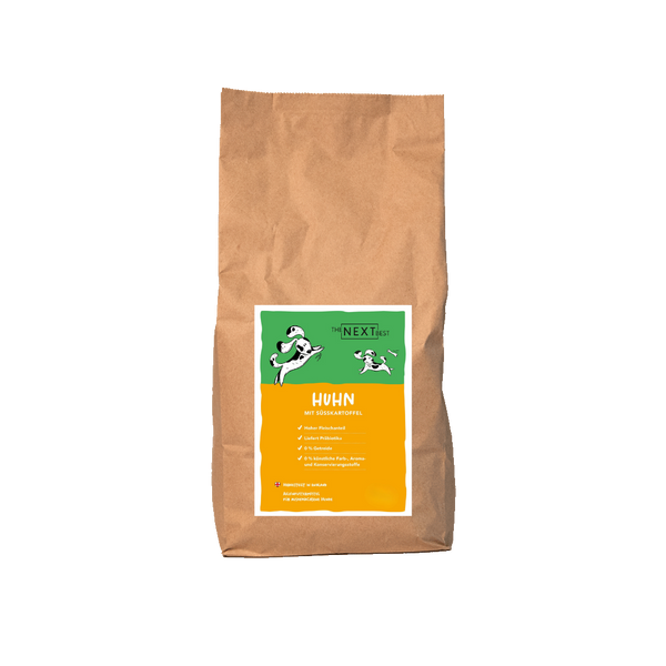 Großer brauner Futtersack von The Next Best mit der Sorte Huhn und Süßkartoffel. Hochwertiges Hundefutter mit hohem Fleischanteil, ohne Getreide, künstliche Farb-, Aroma- und Konservierungsstoffe.