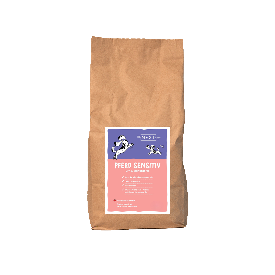 Großer brauner Futtersack von The Next Best mit der Sorte Pferd-Sensitiv. Hochwertiges Hundefutter mit hohem Fleischanteil, ohne Getreide, künstliche Farb-, Aroma- und Konservierungsstoffe.
