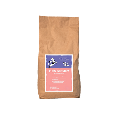 Großer brauner Futtersack von The Next Best mit der Sorte Pferd-Sensitiv. Hochwertiges Hundefutter mit hohem Fleischanteil, ohne Getreide, künstliche Farb-, Aroma- und Konservierungsstoffe.
