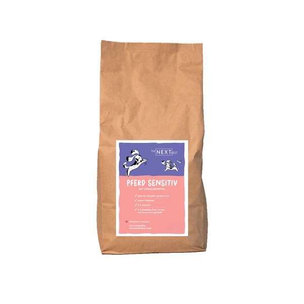 Großer brauner Futtersack von The Next Best mit der Sorte Pferd-Sensitiv. Hochwertiges Hundefutter mit hohem Fleischanteil, ohne Getreide, künstliche Farb-, Aroma- und Konservierungsstoffe.