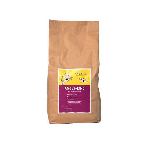 Großer brauner Futtersack von The Next Best mit der Sorte Angus-Rind und Süßkartoffel. Hochwertiges Hundefutter mit hohem Fleischanteil, ohne Getreide, künstliche Farb-, Aroma- und Konservierungsstoffe.