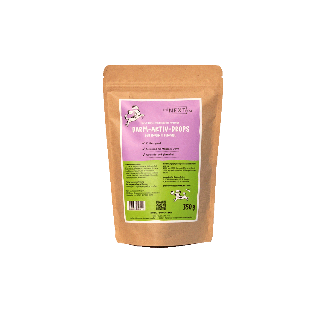 Braune Papierverpackung. Etikette  mit Hundesymbol. Marke The Next Best und Produktnamen: Darm-Aktiv-Drops-350g. 